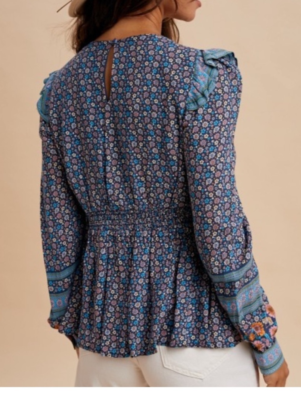 In Bloom Blue Floral Boho V-Neck Peasant Blouse - Picture 2 of 2